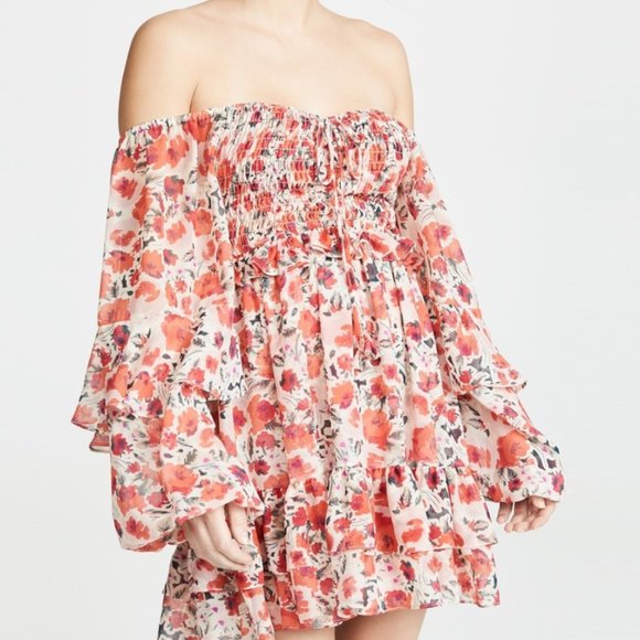 MISA Los Angeles Asra Red Floral Puff Sleeve Dress | US S - Picture 6 of 12